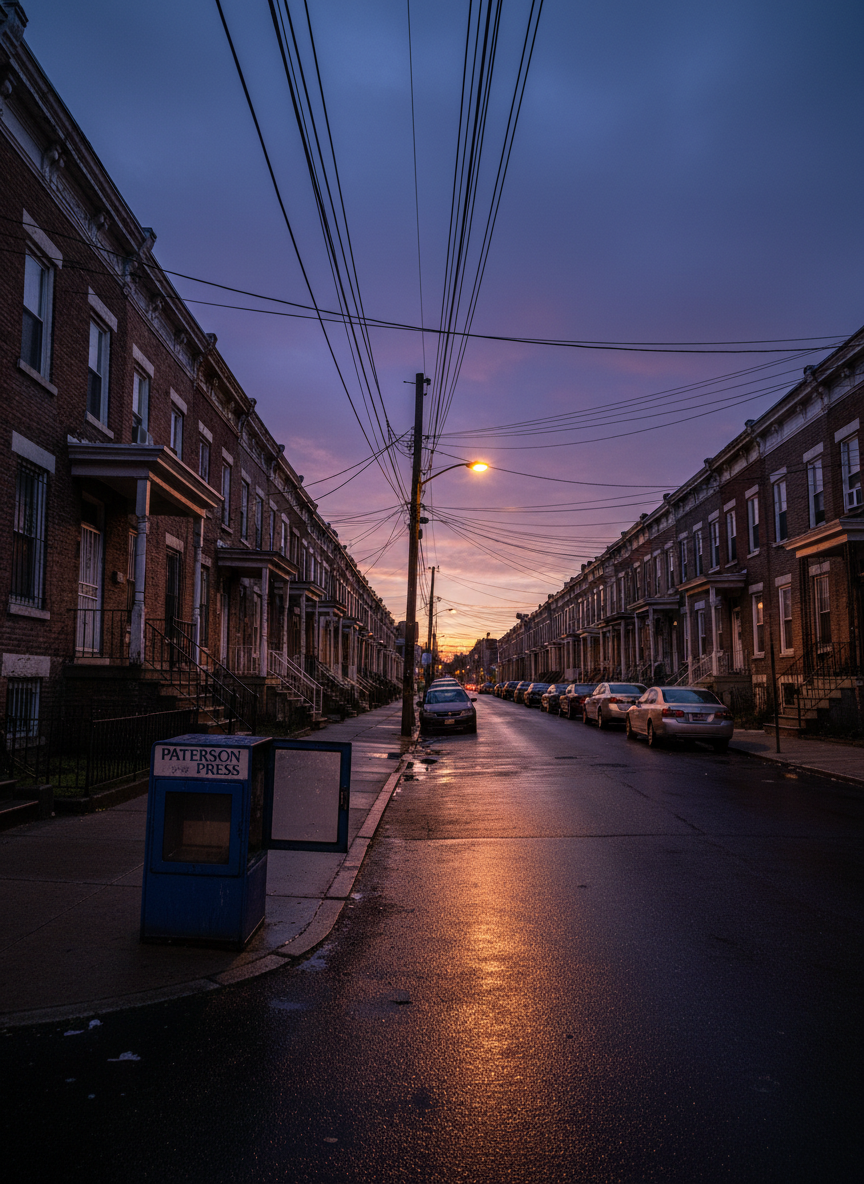 A quiet Paterson neighborhood intersection at dusk, photographed from eye level in cinematic realism. Row houses with aging brick facades, narrow front porches, and barred ground-floor windows line both sides of a slightly wet asphalt street. Streetlights flicker on, casting cones of yellow-orange light that reflect in small puddles and glisten on parked cars. Overhead, tangled power lines crisscross a darkening indigo sky. A metal newsstand box, empty of papers, stands near the corner, subtly hinting at local journalism. The mood is contemplative and slightly tense, with deep shadows and pockets of light creating contrast. The composition uses leading lines of the street and sidewalks to pull the viewer toward the vanishing point in the distance.