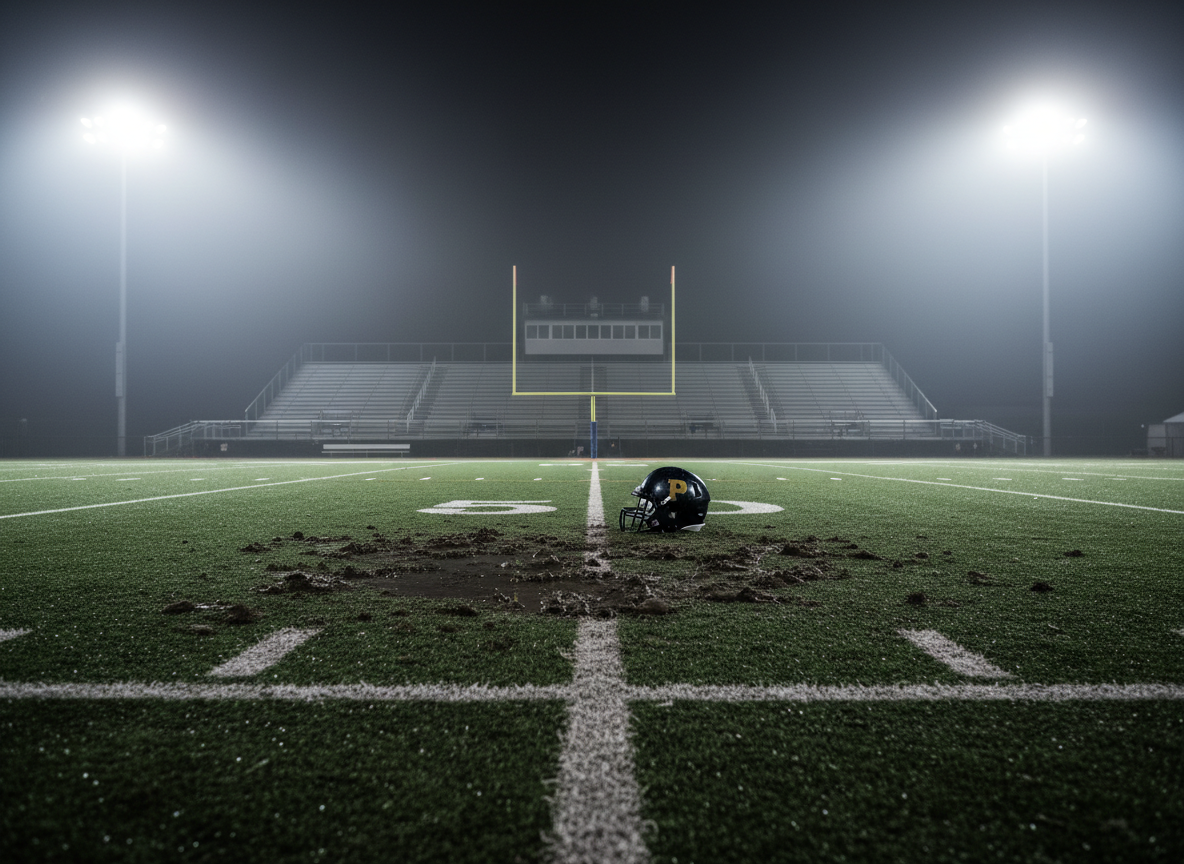 A moody, late-autumn view of a high school football field in Passaic County under stadium lights, carefully photographed with no players present. The worn green turf shows scuffed yard lines and muddy patches near the center, with a solitary football helmet left abandoned near the 50-yard line. Bleachers loom in the background as dark, empty silhouettes. Bright, cold-white floodlights cut through a faint mist, creating hazy beams and long, dramatic shadows stretching across the field. The camera is positioned at a low angle near the turf, with shallow depth of field emphasizing the foreground details while the stands blur slightly. The atmosphere feels tense and dramatic, perfect for local sports stories, victories, and controversies alike.