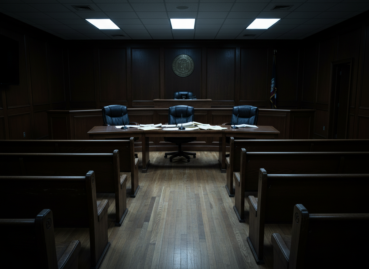 An intense, late-night scene inside a small Paterson city council chamber, captured without people in stark photographic detail. Empty, worn wooden benches face a raised dais with unoccupied leather chairs and desktop microphones. Folders and scattered documents lie open on the central table, illuminated by harsh overhead fluorescent lights that create sharp reflections on a polished wood floor. Dark-paneled walls, a muted city seal, and a flag in shadowy silhouette give a somber, slightly ominous tone. The camera is positioned low and centered, emphasizing the power implied by the vacant seats. Strong contrast between bright tabletop highlights and deep background shadows reinforces a mood of scrutiny, accountability, and serious local politics coverage.