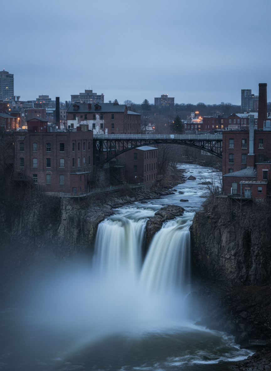 A stark, early-morning photographic view of the Great Falls in Paterson, framed as a symbol of the city’s power and history. Dark volcanic rock walls encircle the roaring white cascade of water, throwing up mist that catches soft, bluish pre-dawn light. A steel pedestrian bridge arcs above the chasm in the mid-ground, empty and silhouetted. The surrounding industrial-era brick structures, some with boarded windows and faded paint, sit in partial shadow, hinting at the area’s past and present. Shot from a slightly elevated angle using the rule of thirds, the falls dominate the composition while the city edges the frame. The mood is dramatic and contemplative, reinforcing themes of resilience and local identity for in-depth feature coverage.